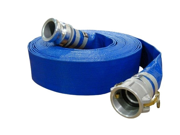 BLAUER PVC-WASSERABLASSSCHLAUCH ZUM FLACHLIEGEN MIT ALUMINIUMTEIL CXE-ARMATUREN MIT BAND